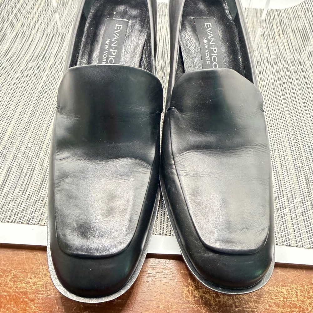 Evan-Picone Black Leather Loafers Size 8.5M Square Toe Block Heel Made in Spain - Picture 4 of 9